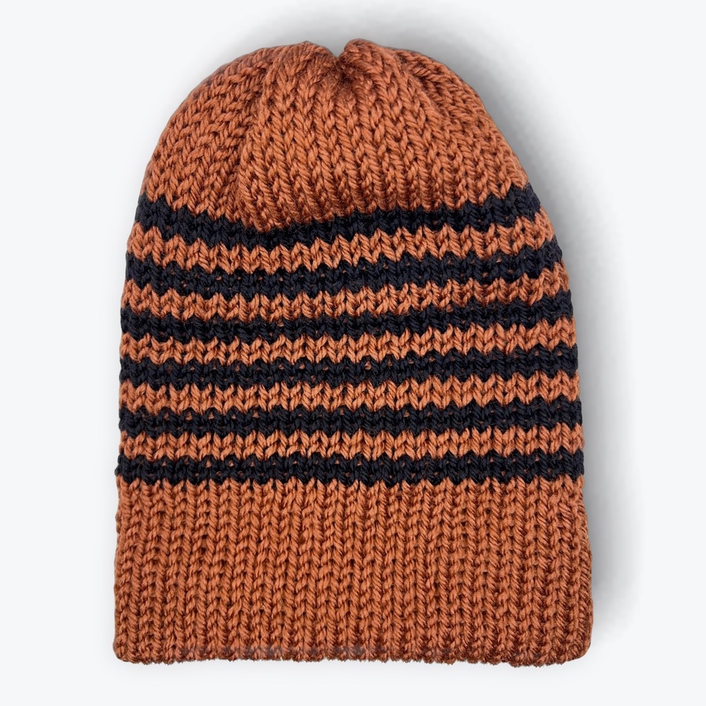 Handmade Knit Off-The-Yak Beanie Unisex Wool Yak Blend Deep Orange w/ Navy Blue - Picture 10 of 10